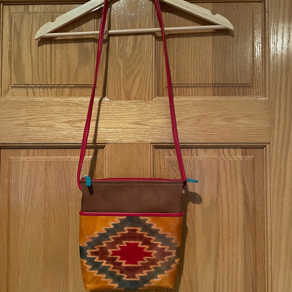 Red and Brown Crossbody Bag with Geometric Pattern